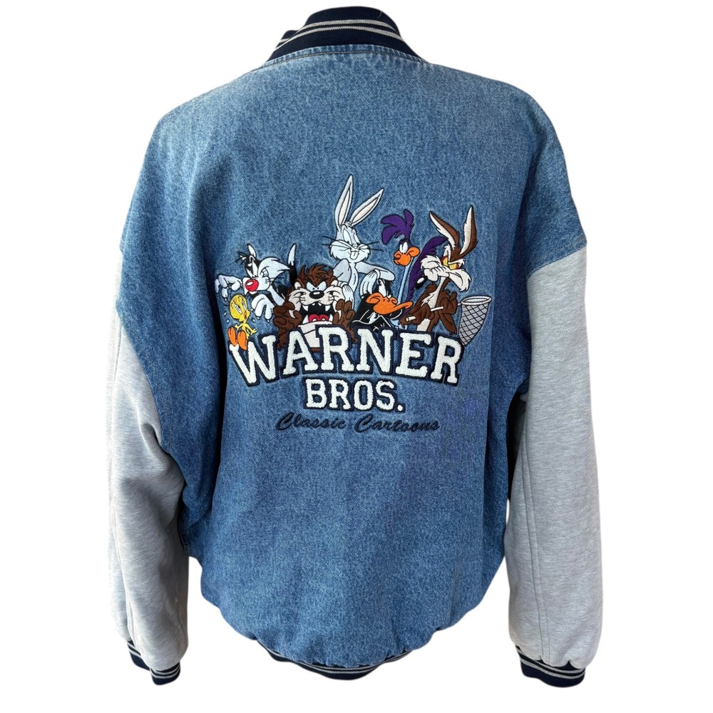 Vintage Warner Bros Looney Tunes Denim Varsity Jacket Mens Large Bugs Bunny Blue